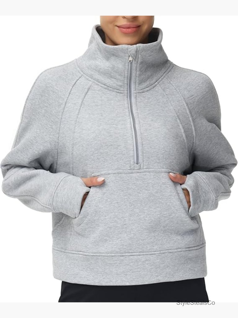 Women's Half Zip Pullover Fleece Crop Sweatshirt With Pockets Thumb Hole